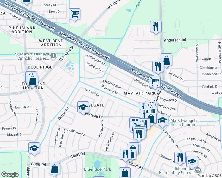map of restaurants, bars, coffee shops, grocery stores, and more near 5802 Mackinaw Street in Houston