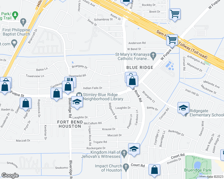 map of restaurants, bars, coffee shops, grocery stores, and more near 6635 Indian Falls Drive in Missouri City