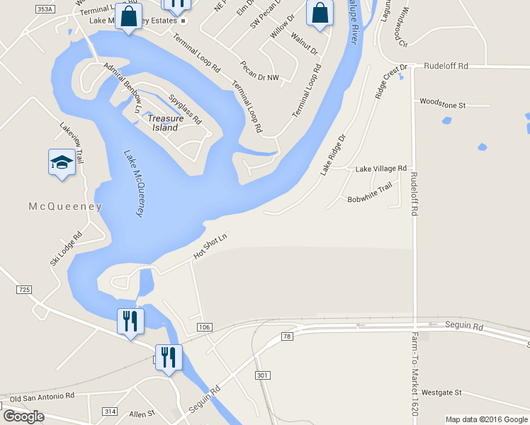 map of restaurants, bars, coffee shops, grocery stores, and more near 348 Lake Ridge Drive in Seguin