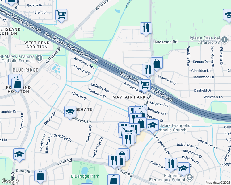 map of restaurants, bars, coffee shops, grocery stores, and more near 5702 Melanite Street in Houston