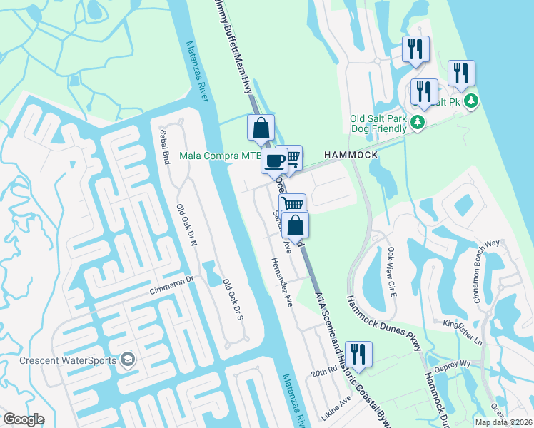 map of restaurants, bars, coffee shops, grocery stores, and more near 113 Hernandez Avenue in Palm Coast