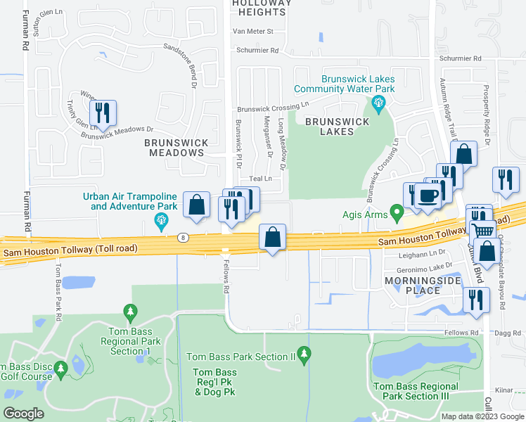 map of restaurants, bars, coffee shops, grocery stores, and more near 3525 Texas 8 Beltway in Houston
