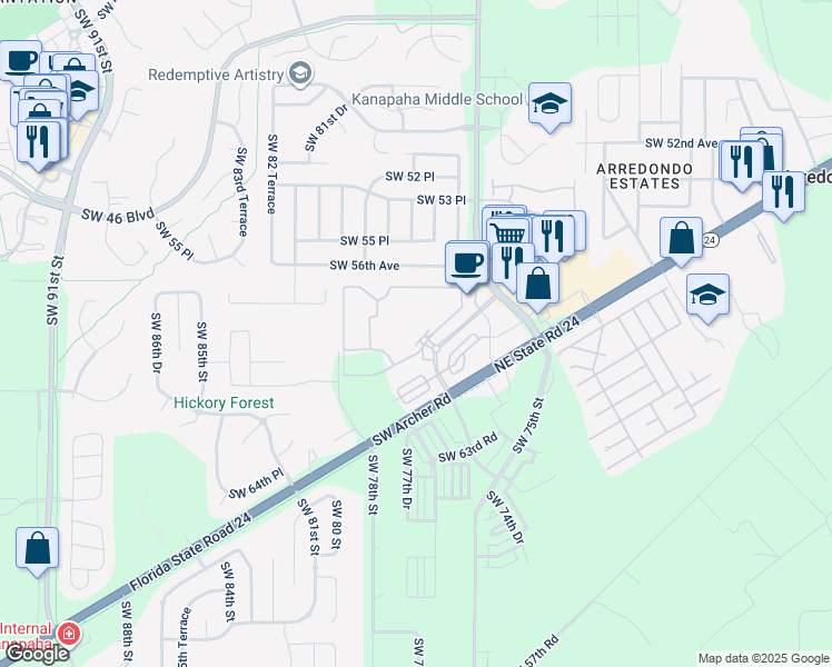 map of restaurants, bars, coffee shops, grocery stores, and more near 5900 Southwest 76th Court in Gainesville