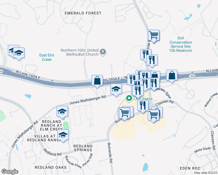 map of restaurants, bars, coffee shops, grocery stores, and more near 3550 North Loop 1604 East in San Antonio