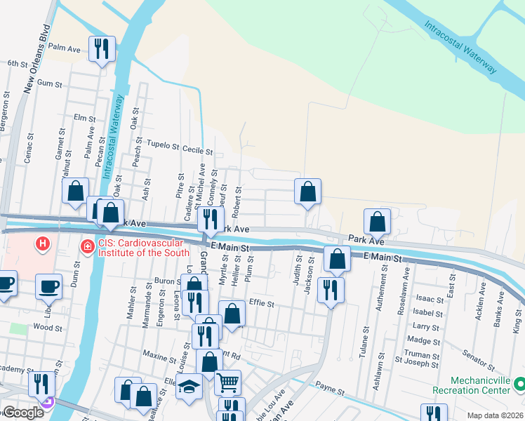 map of restaurants, bars, coffee shops, grocery stores, and more near 1919 Slatter Street in Houma