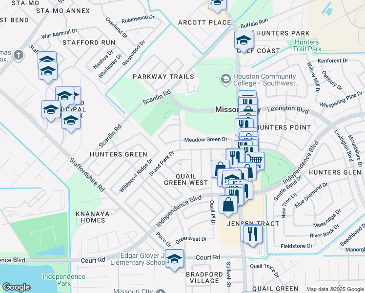 map of restaurants, bars, coffee shops, grocery stores, and more near 1750 Grand Park Drive in Missouri City
