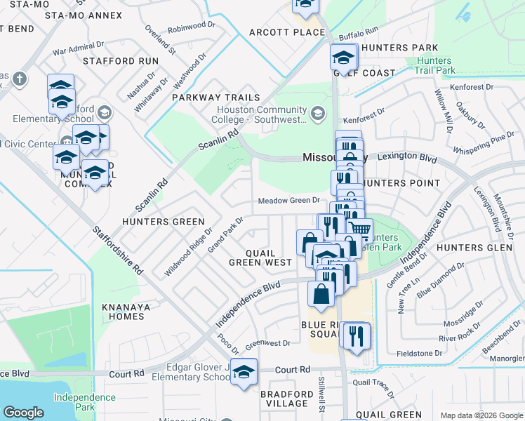 map of restaurants, bars, coffee shops, grocery stores, and more near 1750 Grand Park Drive in Missouri City
