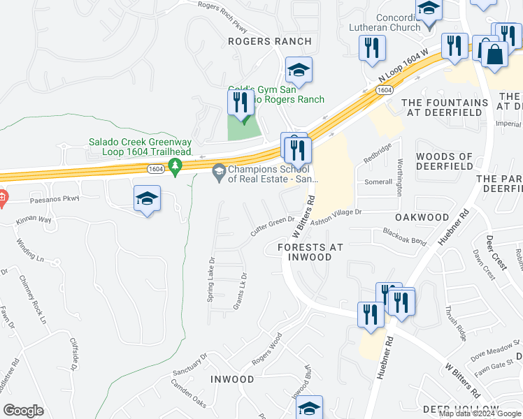 map of restaurants, bars, coffee shops, grocery stores, and more near 8 Serena in San Antonio