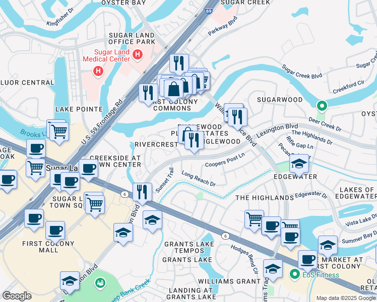 map of restaurants, bars, coffee shops, grocery stores, and more near 15510 Lexington Boulevard in Sugar Land