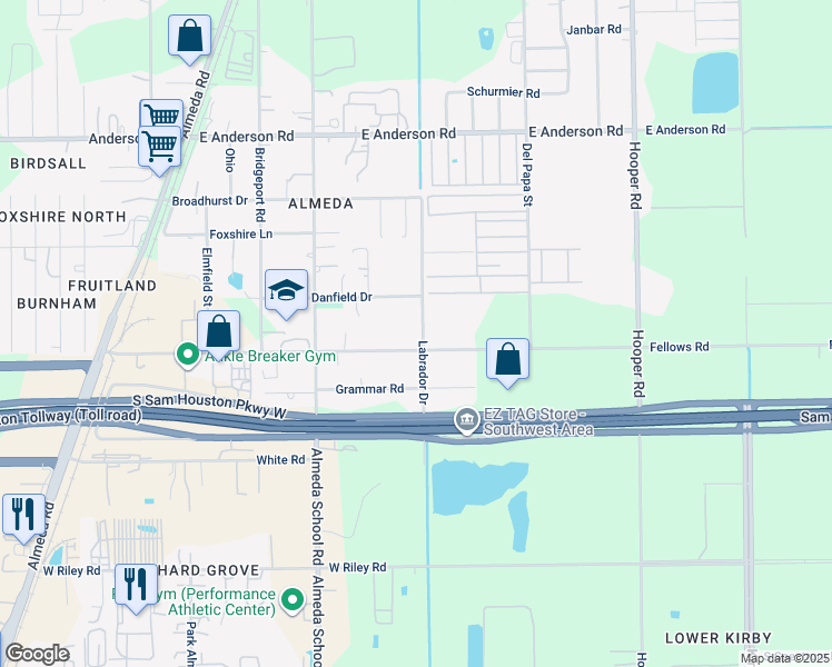 map of restaurants, bars, coffee shops, grocery stores, and more near 425 Fellows Road in Houston