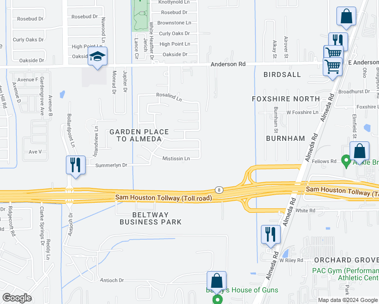 map of restaurants, bars, coffee shops, grocery stores, and more near 3823 Wimberley Hollow Lane in Houston