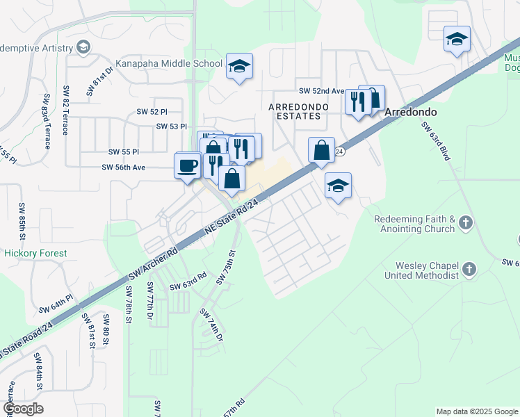 map of restaurants, bars, coffee shops, grocery stores, and more near 129 Southwest 58 Court in Gainesville
