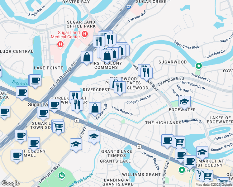 map of restaurants, bars, coffee shops, grocery stores, and more near 15510 Lexington Boulevard in Sugar Land
