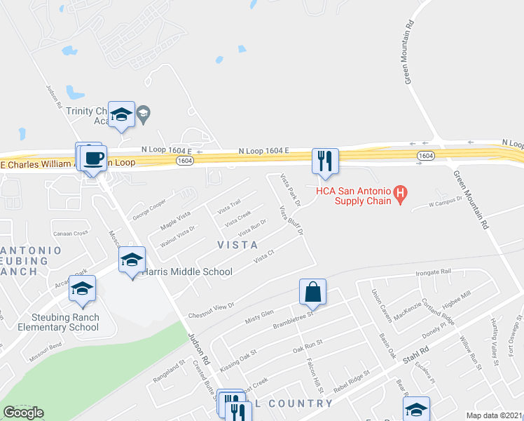 map of restaurants, bars, coffee shops, grocery stores, and more near 5450 Vista Creek in San Antonio
