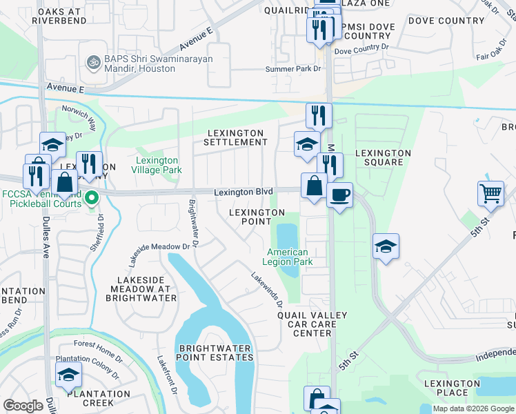 map of restaurants, bars, coffee shops, grocery stores, and more near 1327 Village Garden Drive in Missouri City