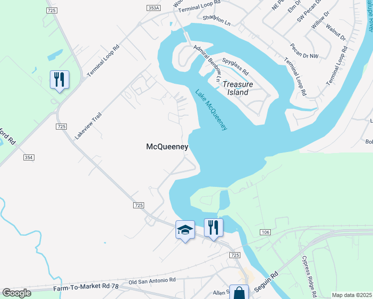 map of restaurants, bars, coffee shops, grocery stores, and more near 523 Ski Lodge Road in McQueeney