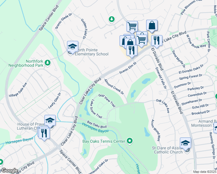 map of restaurants, bars, coffee shops, grocery stores, and more near 3702 Almond Creek Drive in Houston