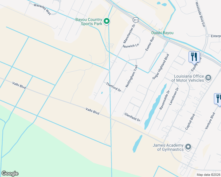 map of restaurants, bars, coffee shops, grocery stores, and more near Thetford Dr in Houma