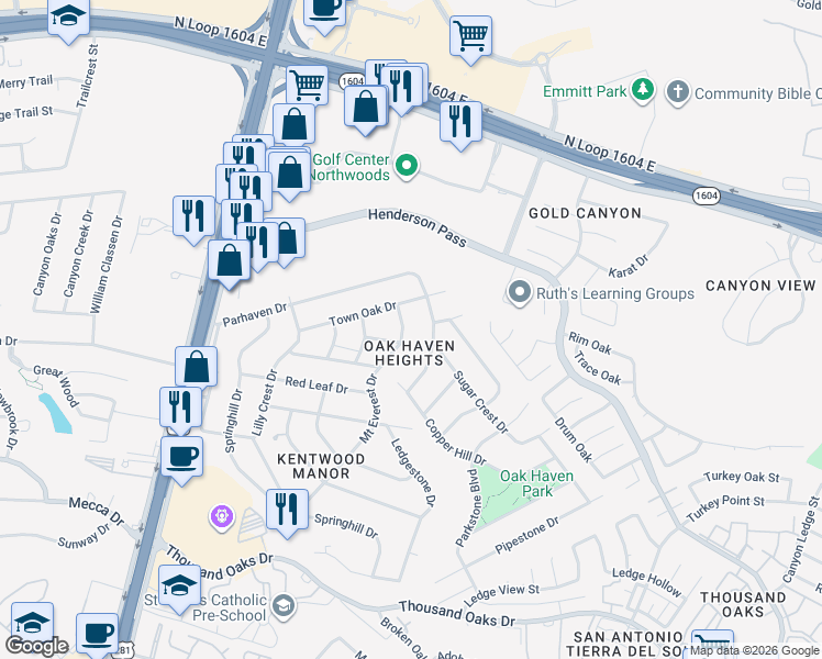 map of restaurants, bars, coffee shops, grocery stores, and more near 17218 Mount Everest Drive in San Antonio