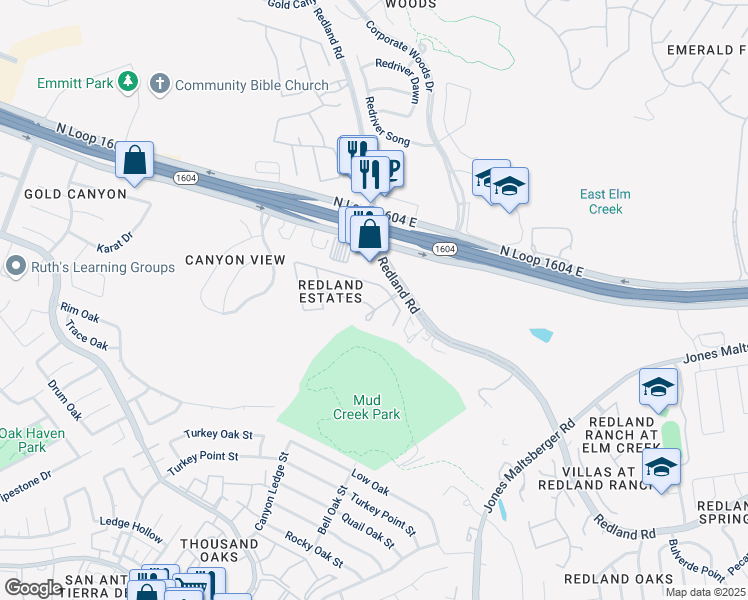 map of restaurants, bars, coffee shops, grocery stores, and more near 3110 Sonora Mesa in San Antonio