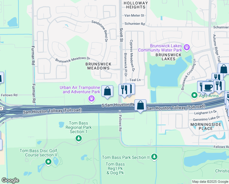 map of restaurants, bars, coffee shops, grocery stores, and more near Scott Street in Houston