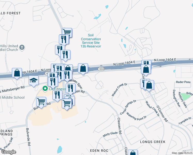 map of restaurants, bars, coffee shops, grocery stores, and more near 17296 Classen Road in San Antonio