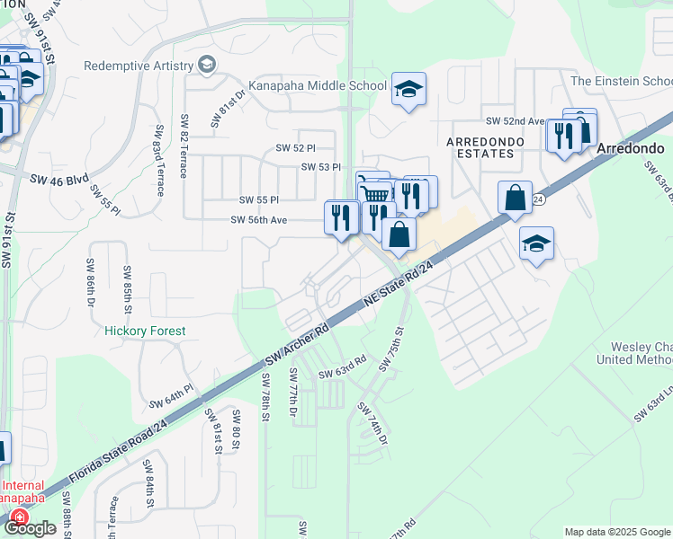 map of restaurants, bars, coffee shops, grocery stores, and more near Southwest 58th Place in Gainesville