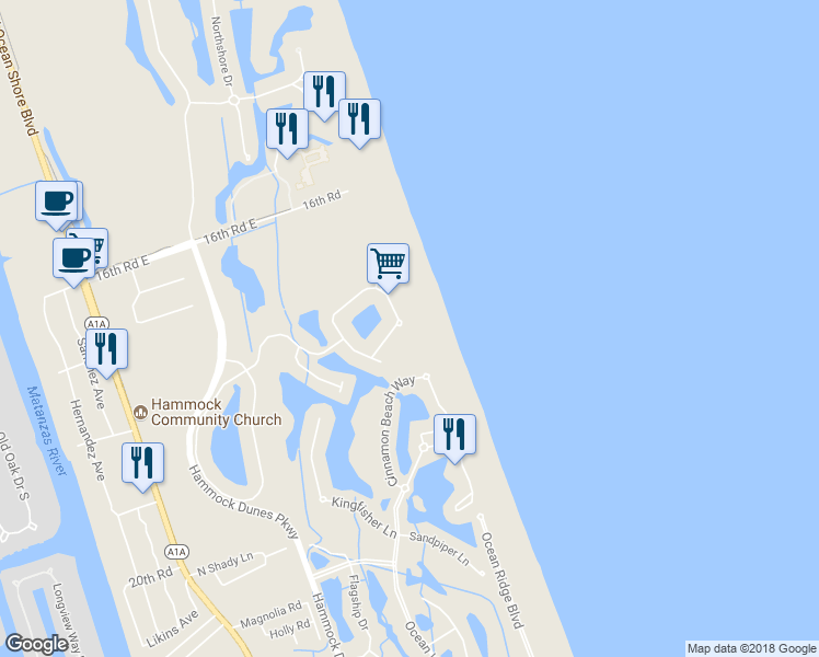 map of restaurants, bars, coffee shops, grocery stores, and more near 34 Hammock Beach Circle North in Palm Coast
