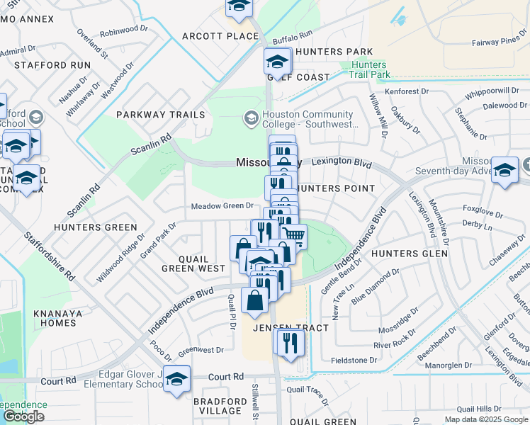 map of restaurants, bars, coffee shops, grocery stores, and more near 1902 Quail Green Court in Missouri City