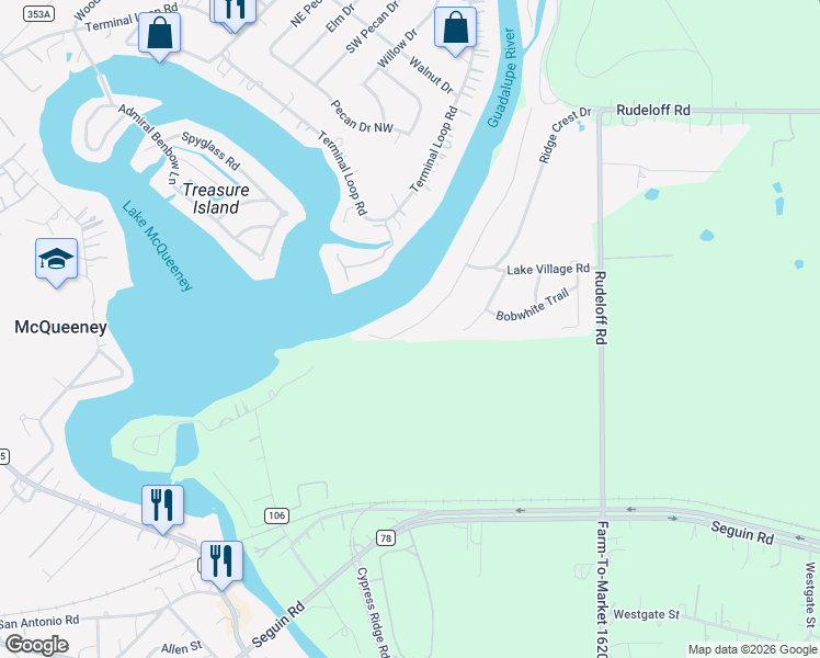 map of restaurants, bars, coffee shops, grocery stores, and more near 240 Lake Ridge Drive in Seguin
