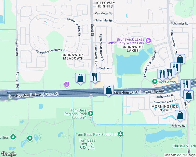 map of restaurants, bars, coffee shops, grocery stores, and more near 3503 South Sam Houston Parkway East in Houston