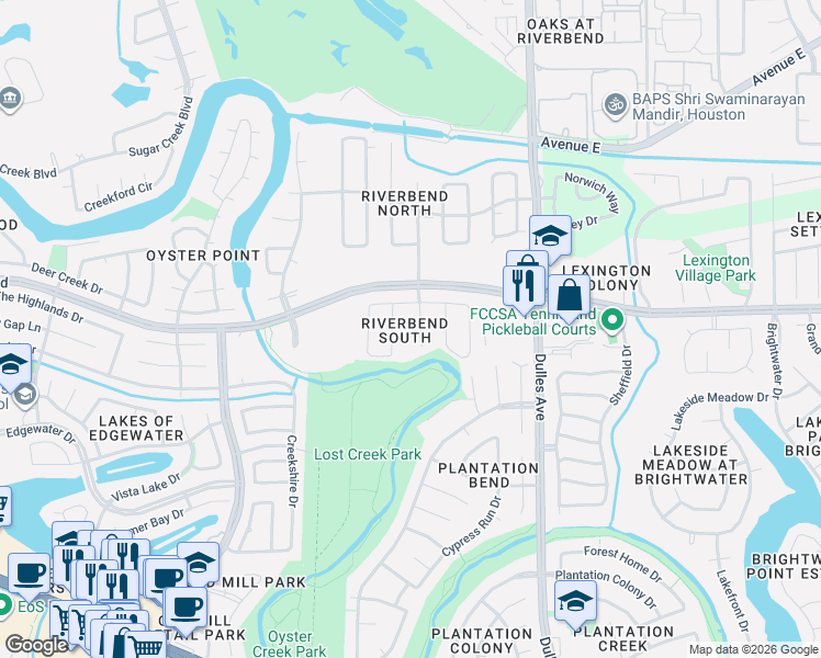 map of restaurants, bars, coffee shops, grocery stores, and more near 1818 Riverbend Crossing in Sugar Land