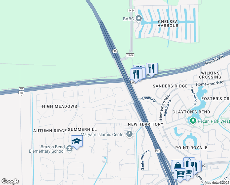 map of restaurants, bars, coffee shops, grocery stores, and more near 4703 Topaz Trail Drive in Sugar Land