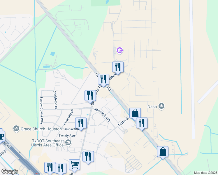 map of restaurants, bars, coffee shops, grocery stores, and more near 11942 Galveston Road in Houston