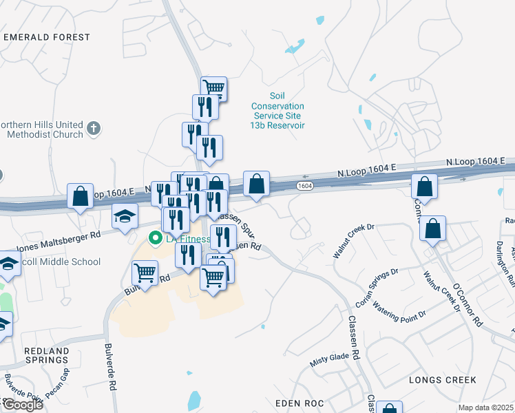 map of restaurants, bars, coffee shops, grocery stores, and more near 3920 North Loop 1604 East in San Antonio