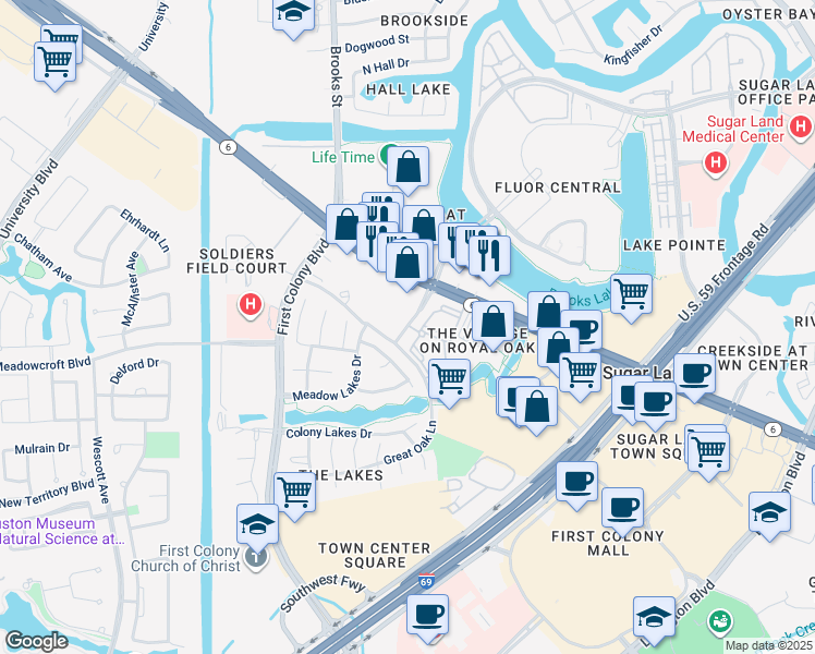 map of restaurants, bars, coffee shops, grocery stores, and more near 237 Fluor Daniel Drive in Sugar Land