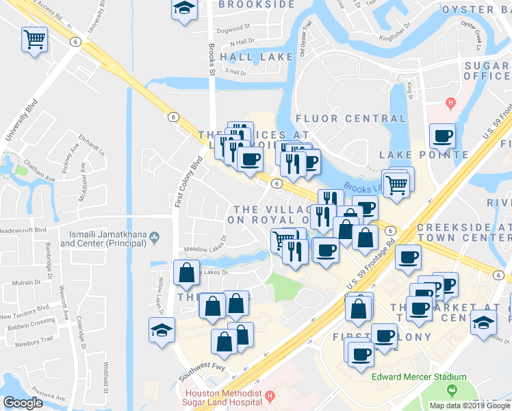 map of restaurants, bars, coffee shops, grocery stores, and more near 232 Fluor Daniel Drive in Sugar Land