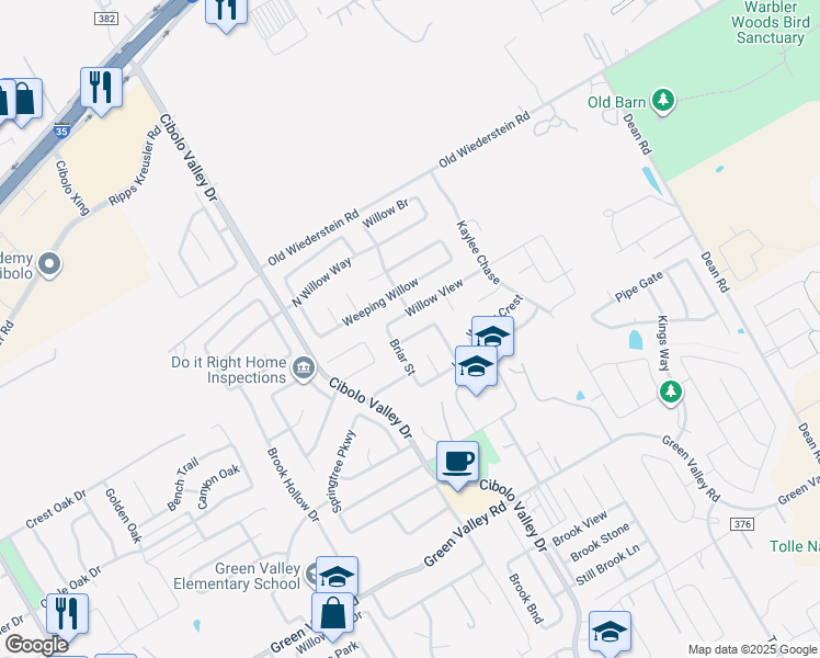 map of restaurants, bars, coffee shops, grocery stores, and more near 116 Crest Bluff in Cibolo