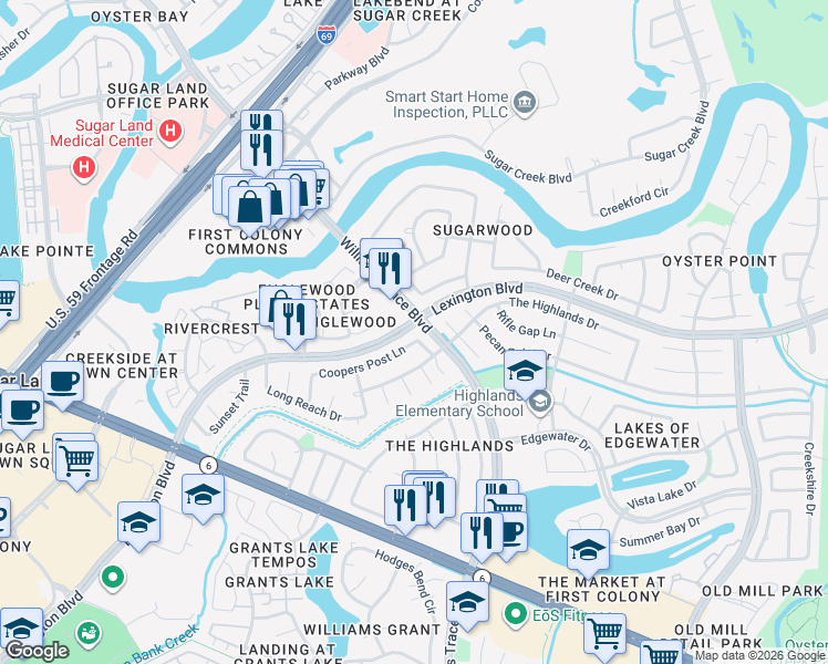map of restaurants, bars, coffee shops, grocery stores, and more near 2646 Coopers Post Lane in Sugar Land