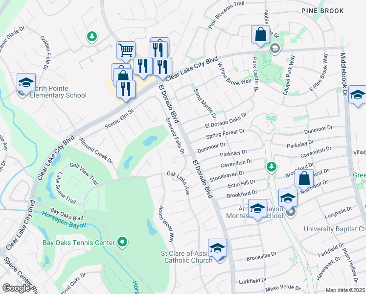 map of restaurants, bars, coffee shops, grocery stores, and more near 3707 Emerald Falls Drive in Houston