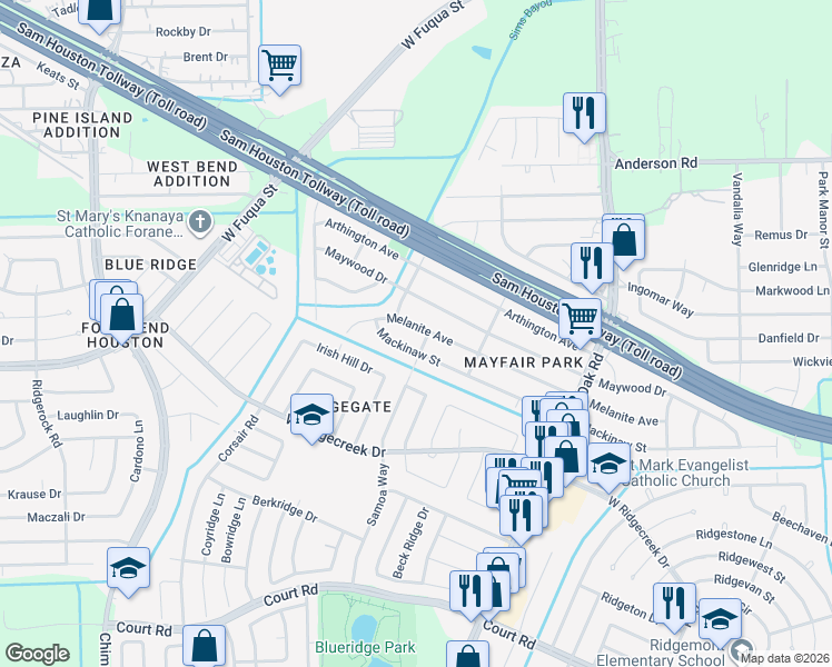map of restaurants, bars, coffee shops, grocery stores, and more near 5802 Mackinaw Street in Houston