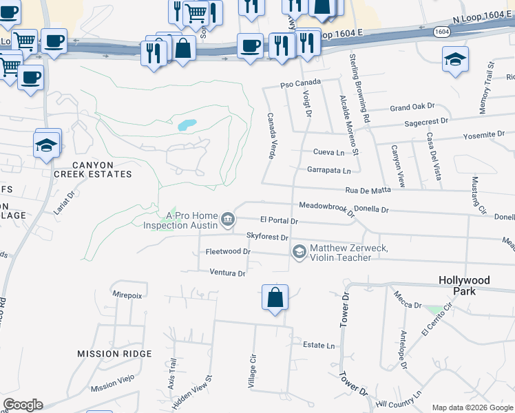 map of restaurants, bars, coffee shops, grocery stores, and more near 413 El Portal Drive in Hollywood Park