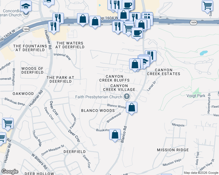map of restaurants, bars, coffee shops, grocery stores, and more near 17222 Rock Falls in San Antonio