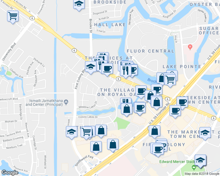 map of restaurants, bars, coffee shops, grocery stores, and more near 228 Fluor Daniel Drive in Sugar Land