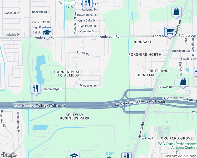 map of restaurants, bars, coffee shops, grocery stores, and more near 15719 Misty Chase Lane in Houston