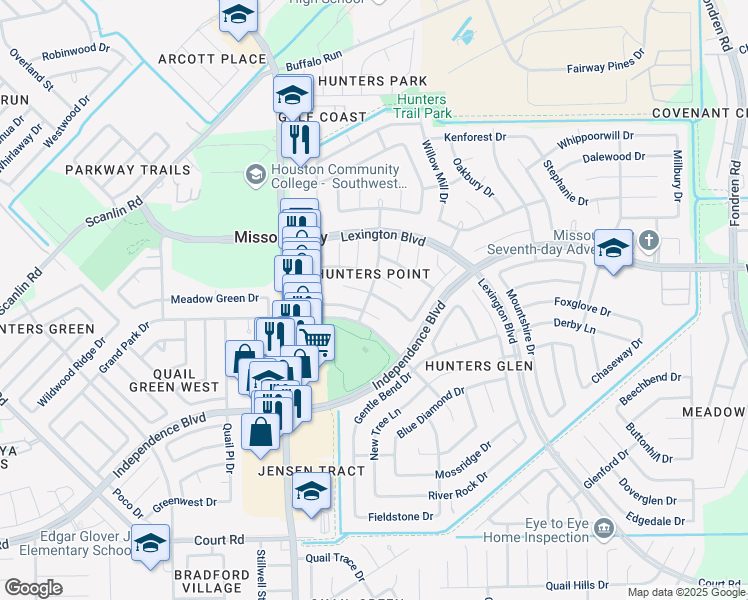 map of restaurants, bars, coffee shops, grocery stores, and more near 1223 Cowden Court in Missouri City