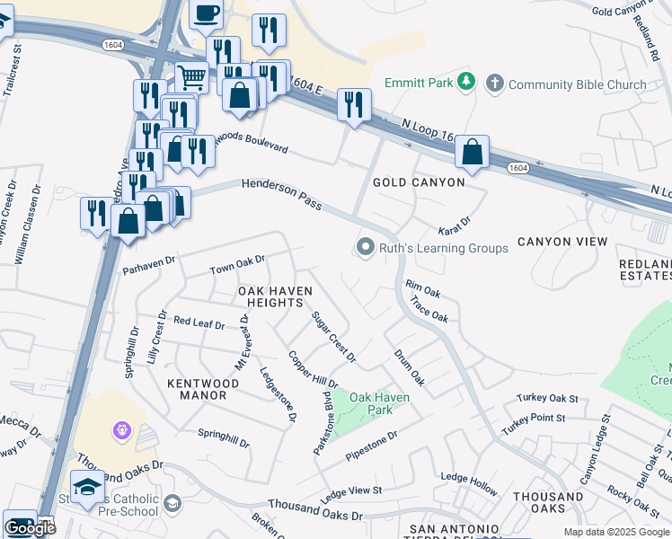 map of restaurants, bars, coffee shops, grocery stores, and more near 16583 Canyon Cross in San Antonio