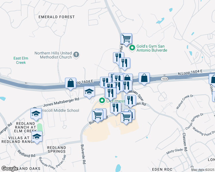 map of restaurants, bars, coffee shops, grocery stores, and more near East Charles William Anderson Loop in San Antonio