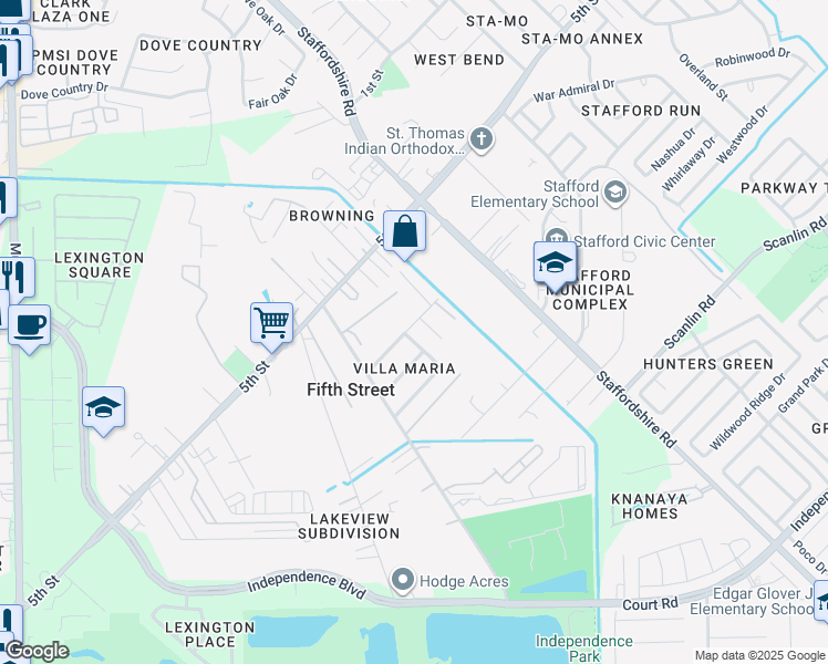 map of restaurants, bars, coffee shops, grocery stores, and more near 2803 Katherine Street in Stafford