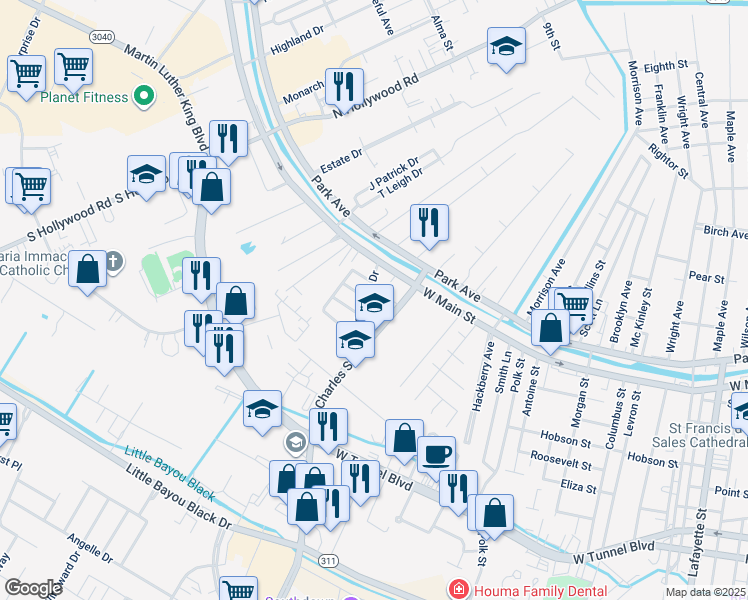 map of restaurants, bars, coffee shops, grocery stores, and more near 201 Stadium Drive in Houma